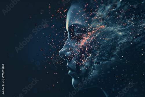 Digital face disintegrating into particles