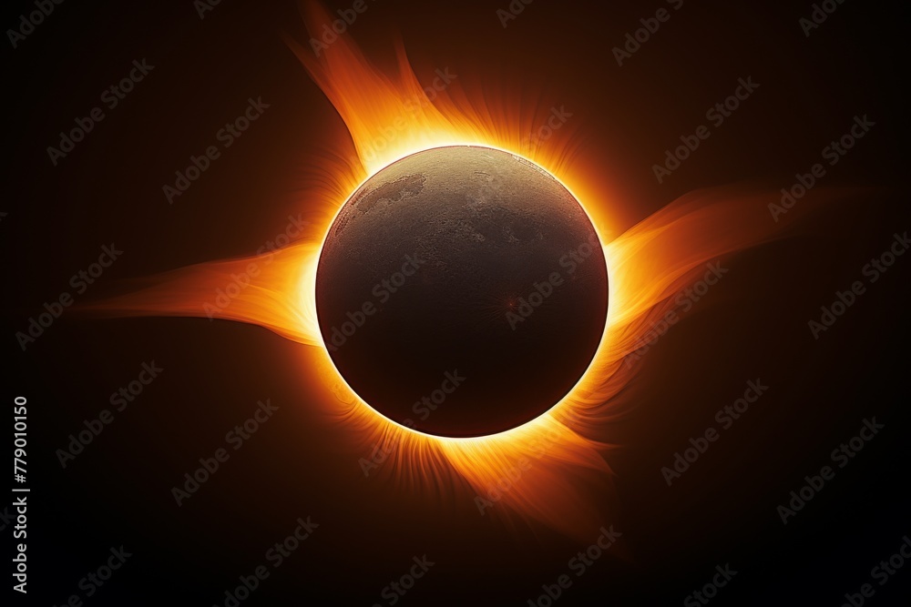 solar eclipse with a spectacular corona and prominences surrounding the darkened sun against the backdrop of dark outer space.
Concept: illustrations of cosmic phenomena, astronomy - obrazy, fototapety, plakaty 