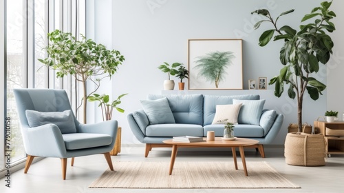 Blue living room interior with sofa  armchair and plants