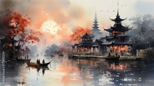Oriental watercolor painting of a river town at sunset with boats and people