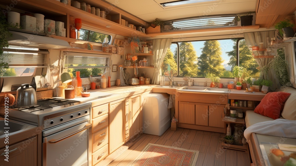 Cozy Kitchen in a Camper Van with Large Windows Cozy Kitchen in a Camper Van with Large Windows