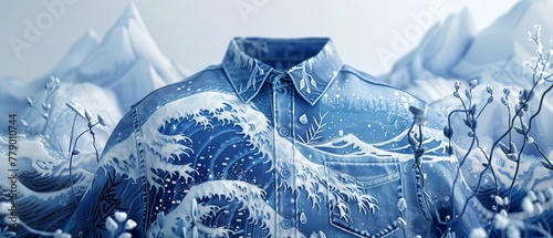 A detailed illustration of a shirt with an icelike texture and seaweed embroidery, set against a winter backdrop photo