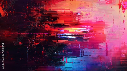 Digital glitch art featuring distorted pixels and vibrant neon colors