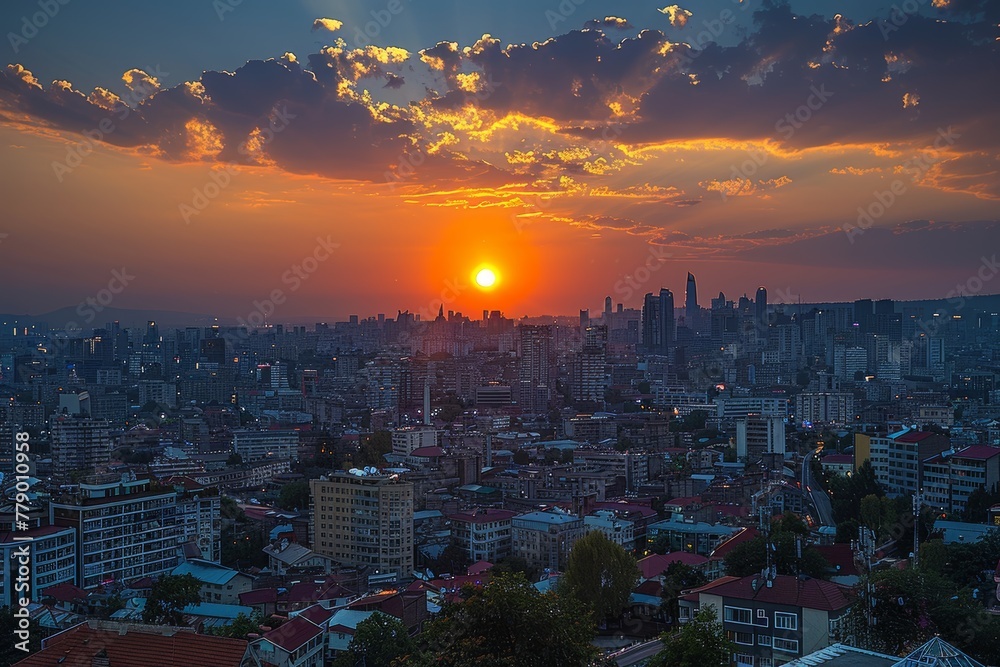 Fototapeta premium A solar eclipse over a cityscape where the Moon blocks out the Sun, leaving only the dazzling glow of the sun's corona. Concept: urban studies and the influence of astronomical events in the city
