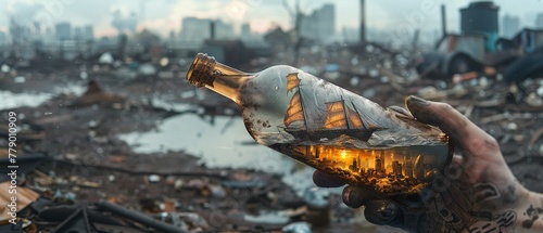 A detailed illustration of a hand holding a bottle, with a ship sailing in the liquid inside, set against a backdrop of urban waste photo