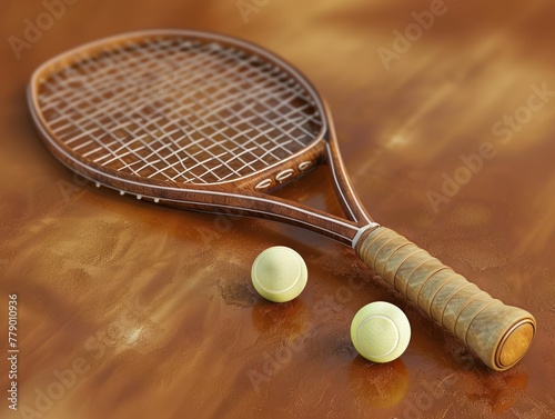 Classic 3D tennis racket and ball with a vintage wooden handle and traditional white tennis balls © Nisit