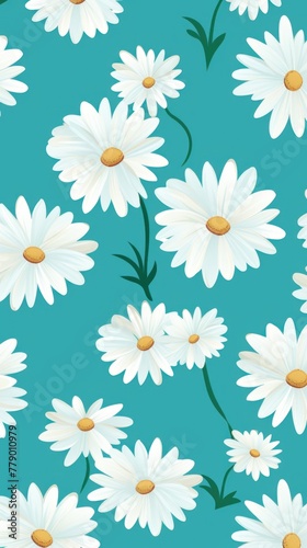Teal and white daisy pattern  hand draw  simple line  flower floral spring summer background design with copy space for text or photo backdrop