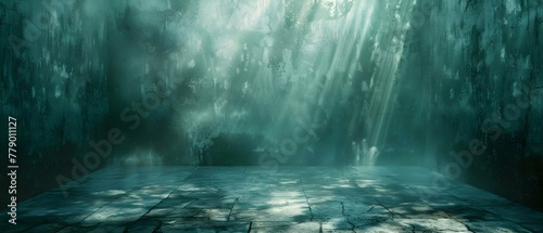 Eerie Depths: Sunken Temple Texture with Mystic Light Rays. Concept Underwater Ruins, Mystic Atmosphere, Ocean Mysteries, Sunken Relics, Enigmatic Depths