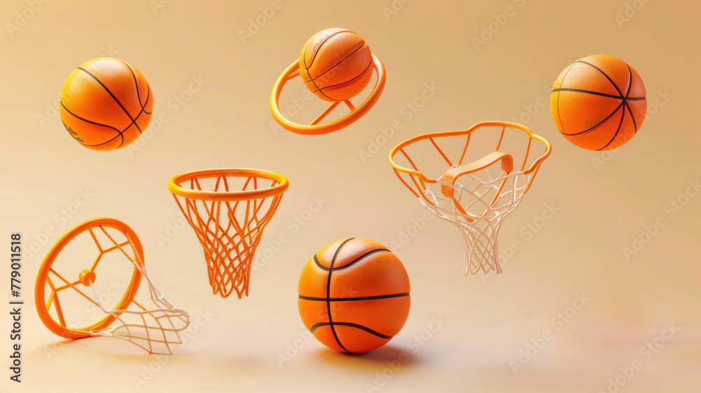 A set of 3D basketball icons including a spinning ball on a fingertip and a hoop with a net A set of 3D basketball icons including a spinning ball on a fingertip and a hoop with a net