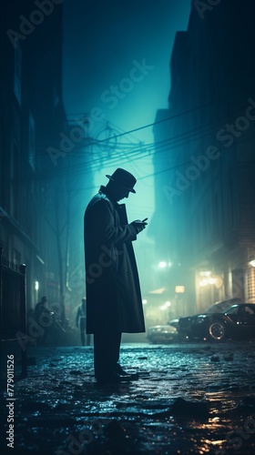 Man in a hat looking at his phone in a dark alley