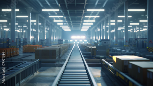 A modern logistics distribution center with sorting machines and automated conveyor systems, momentarily quiet but ready to handle the efficient distribution of goods