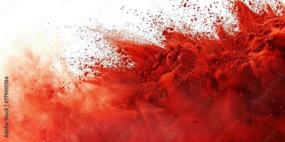 Bright and vibrant red powder exploding in the air on a white background, closeup shot