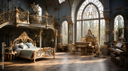 Ornate bedroom with a piano and a balcony photo