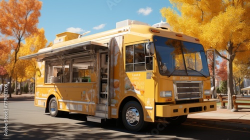 A yellow food truck is parked on a city street. The truck is decorated with colorful graffiti and has a large menu on the side. photo