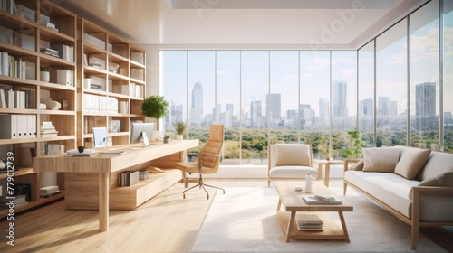 A modern office with a large desk, a comfortable chair, and a beautiful view of the city