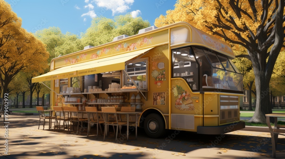 Yellow food truck parked in a park with autumn trees