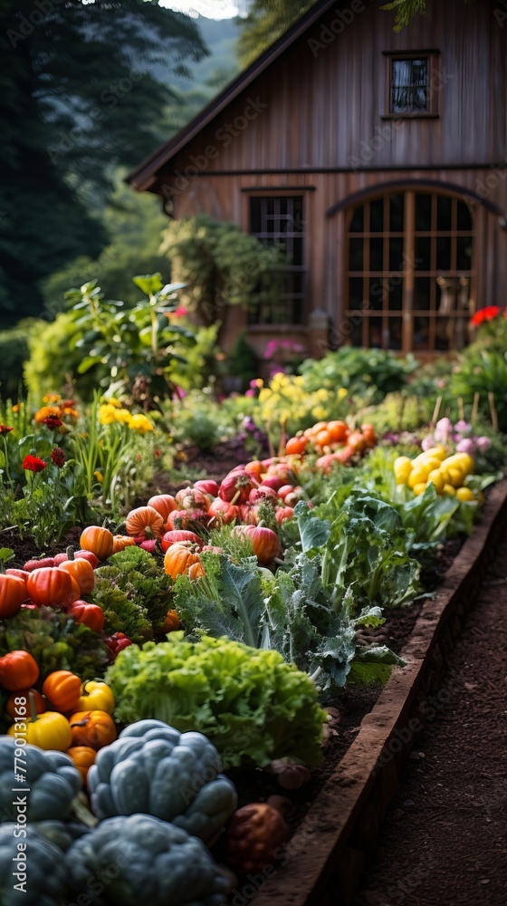 A colorful garden with a variety of vegetables and flowers A colorful garden with a variety of vegetables and flowers