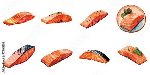 Vector illustration of multiple salmon fillets in watercolor style