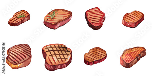 Vector illustration of multiple grilled beefsteaks in watercolor style photo