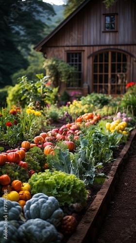A colorful garden with a variety of vegetables and flowers