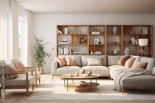 Airy Scandinavian living room with large windows and a stylish bookshelf © Adobe Contributor