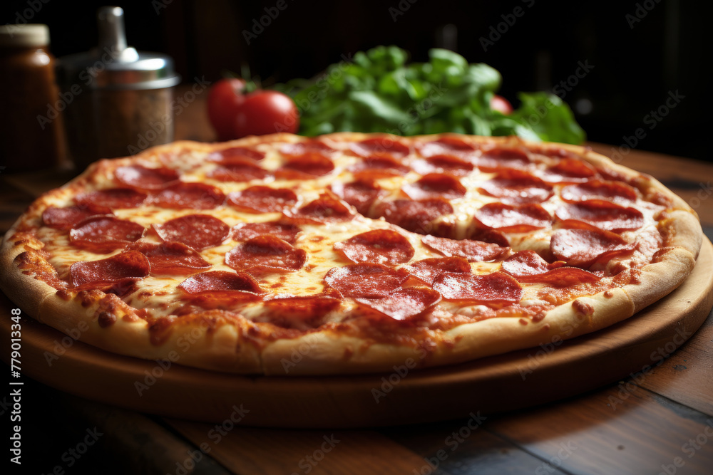 Delicious pepperoni pizza on wooden table