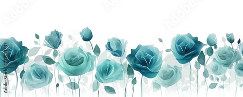 Teal roses watercolor clipart on white background, defined edges floral flower pattern background with copy space for design text or photo backdrop minimalistic  photo