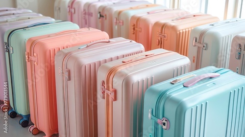 Trendy, lightweight suitcases in pastel shades, arranged neatly on a white background photo