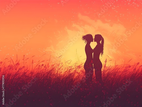 Two Women Embracing in a Serene Sunset Field a Tender of Love and Intimacy