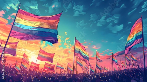 Vibrant Pride Parade with Waving Rainbow Flags Under Bright Sunny Sky in Lively Urban Cityscape
