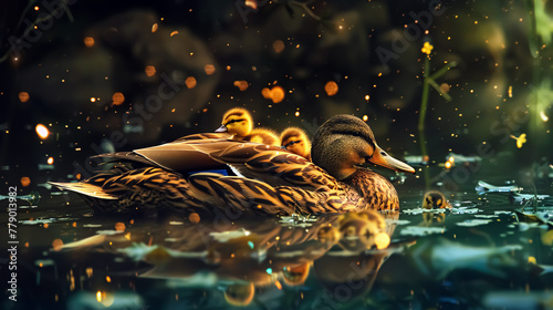 Duck with ducklings on the lake in the night. Collage. photo
