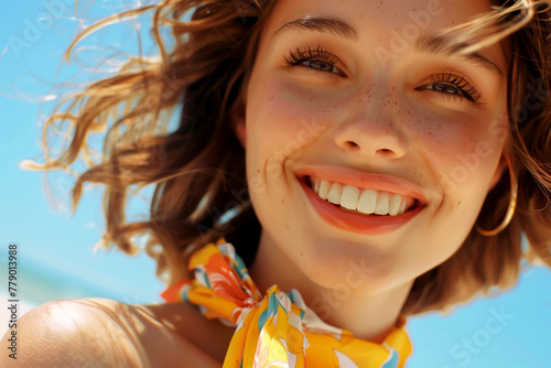 Beautiful young woman in bright summer clothes in sunny weather. Closeup portrait of a happy girl