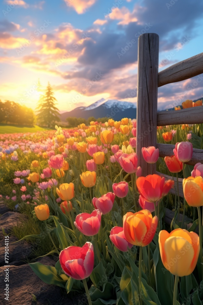 Field of tulips in the morning light