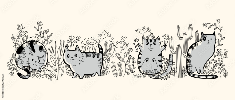 Fototapeta premium Collection of cats on branch floral outline style hand drawn vector illustration set. Icon and character pet animal.
