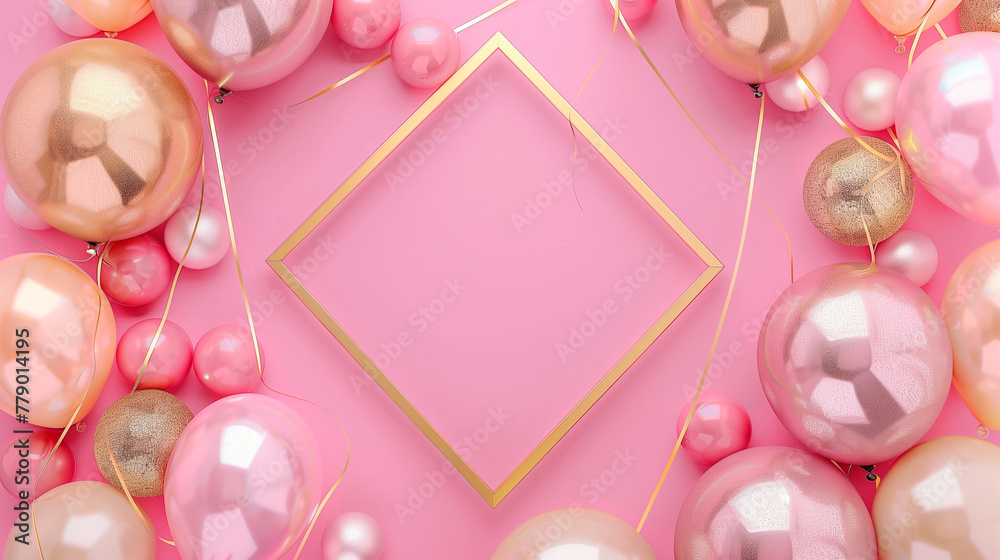 Pink Balloons Frame with Golden Accents on Festive Background