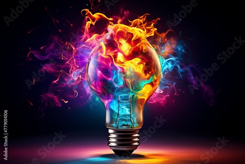 Light bulb with colorful flames coming out of it