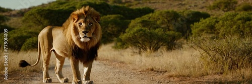 Big lion lying on savannah grass. Landscape with characteristic trees on the plain and hills in the background.with Generative AI technology 