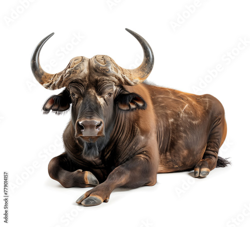 Majestic bull resting on a white background