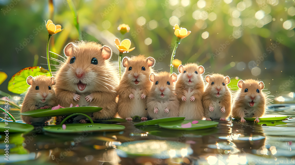 Fototapeta premium Hamsters sitting on lotus leaf in the pond with sunlight.