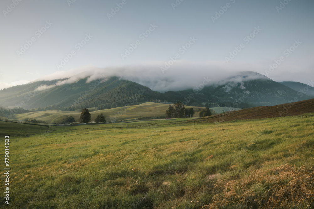 A lush green meadow stretches towards rolling hills under a sky filled with fluffy clouds
