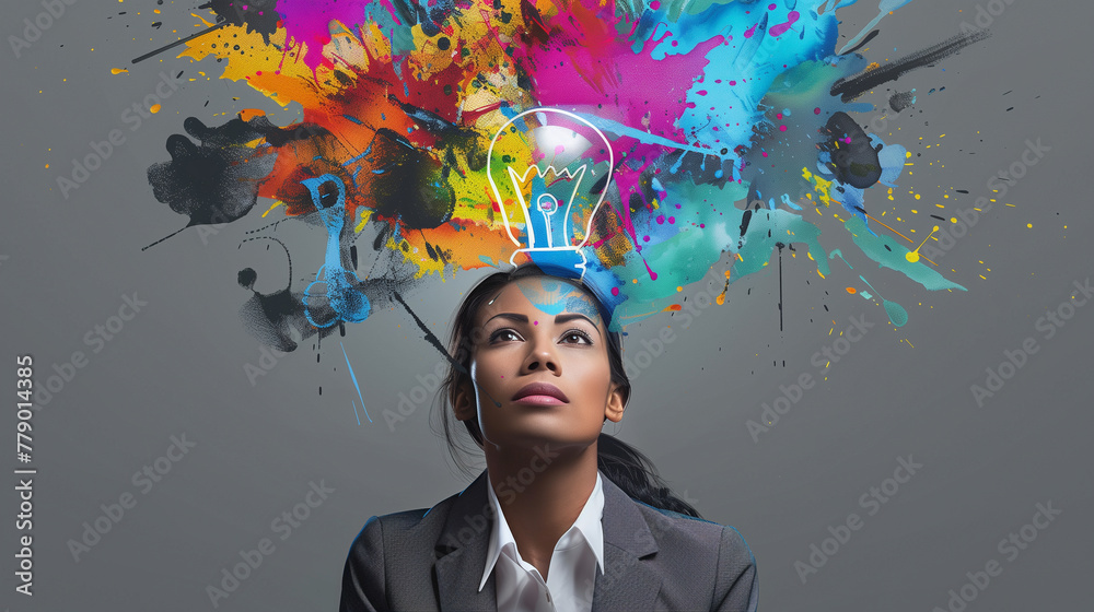Woman with Colorful Thoughts Concept Featuring a Lightbulb Woman with Colorful Thoughts Concept Featuring a Lightbulb