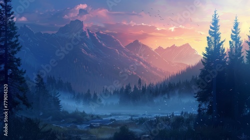 Scenic forest landscape at twilight with river - A breathtaking digital art piece depicting a forest at twilight, where the gentle flow of a river complements the vibrant colors of dusk