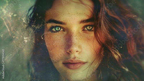 Green-eyed woman with nature-inspired aura - A captivating digital portrait of a green-eyed woman with a natural, outdoor-inspired aesthetic