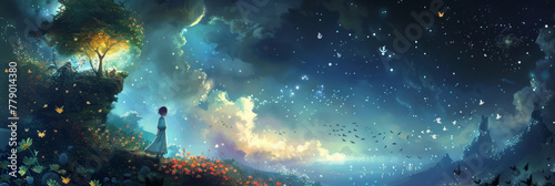 Fantasy landscape with starry night sky - A captivating fantasy landscape depicting a lone figure, a mystical tree, and a dazzling starry night sky merging into dawn