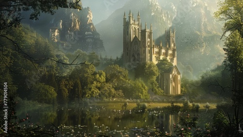 Gothic cathedral by a serene lakeside setting - A fantasy depiction of a majestic Gothic cathedral nestled by a tranquil lake, surrounded by nature's splendor