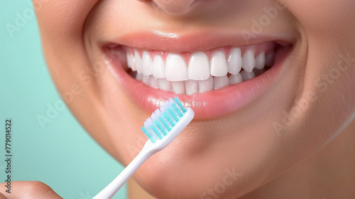 The girl holding a toothbrush has a beautiful wide smile with white teeth