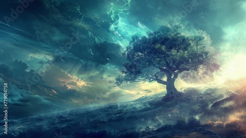 Mystical tree in a celestial dreamscape - A solitary tree stands against a backdrop of vivid celestial colors, blending fantasy and nature together in a surreal fashion
