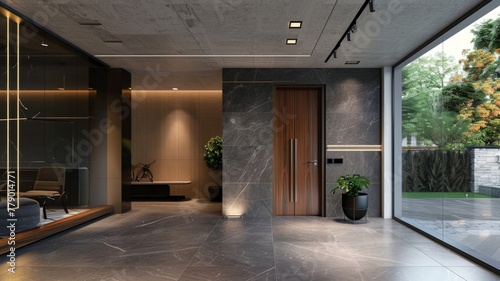 Sophisticated lobby with nature view - A sophisticated hotel lobby that combines sleek design with a stunning view of nature through floor-to-ceiling windows