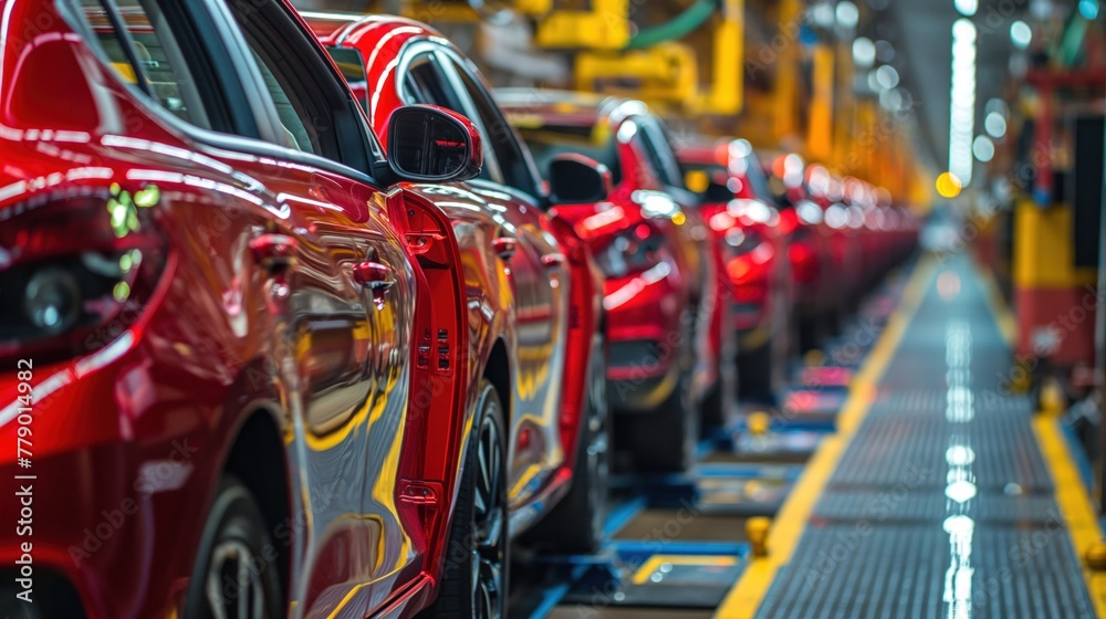 Multiple red cars moving along an assembly line in a manufacturing plant