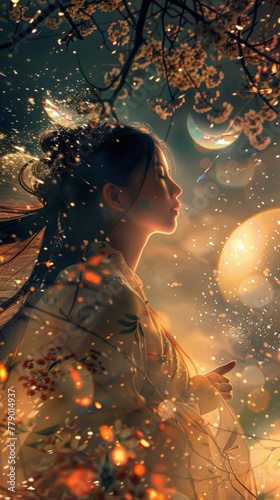Enchanting Geisha amidst glowing orbs and flora - A whimsical portrayal of a Geisha surrounded by radiant orbs, intricate blossoms, and a vibrant atmosphere